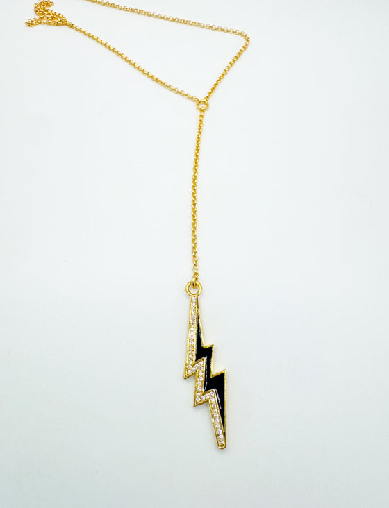 Black and White Enamel Lightning Bolt Lariat Necklace