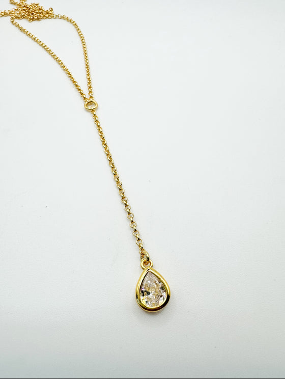 Gold Bezel Set Pear Shaped Clear Crystal Lariat Necklace
