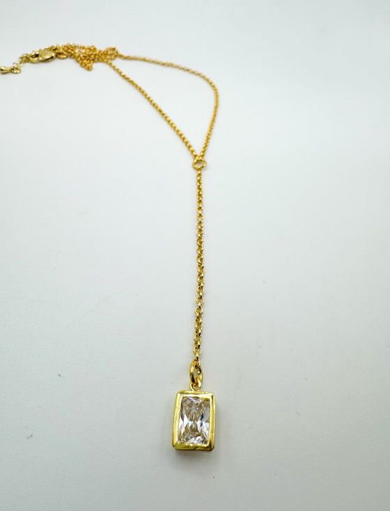 Gold Bezel Set Rectangle Clear Crystal Lariat Necklace