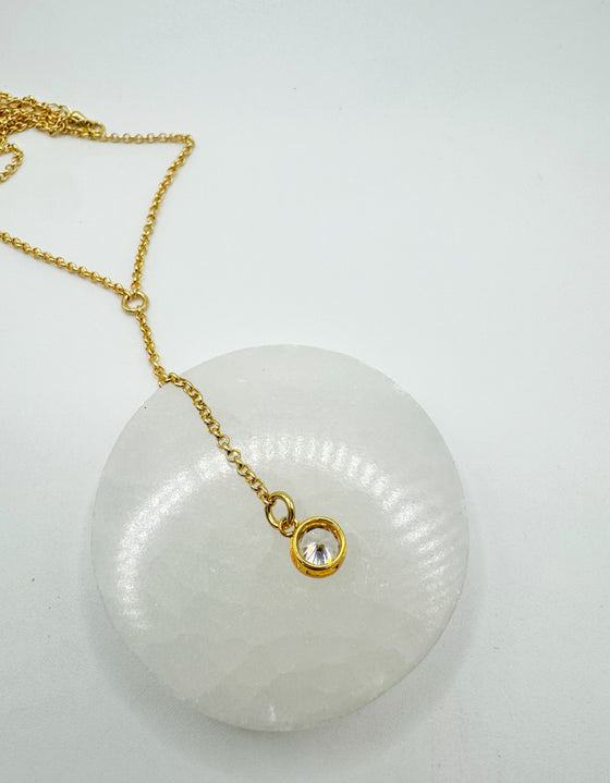Gold Bezel Set Round Clear Crystal Lariat Necklace