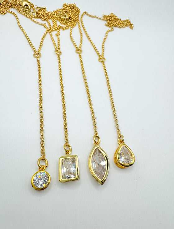 Gold Bezel Set Marquise Shaped Clear Crystal Lariat Necklace
